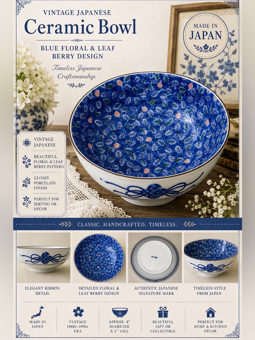 Vintage Japanese Blue Floral Berry Ceramic Serving Bowl Cottagecore 8”